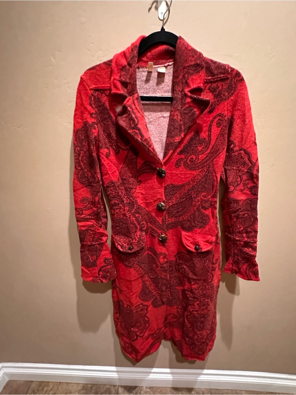 Anthropologie MOTH 100% Wool Paisley Ruby Red Knit Duster Sweater Coat Jacket XS